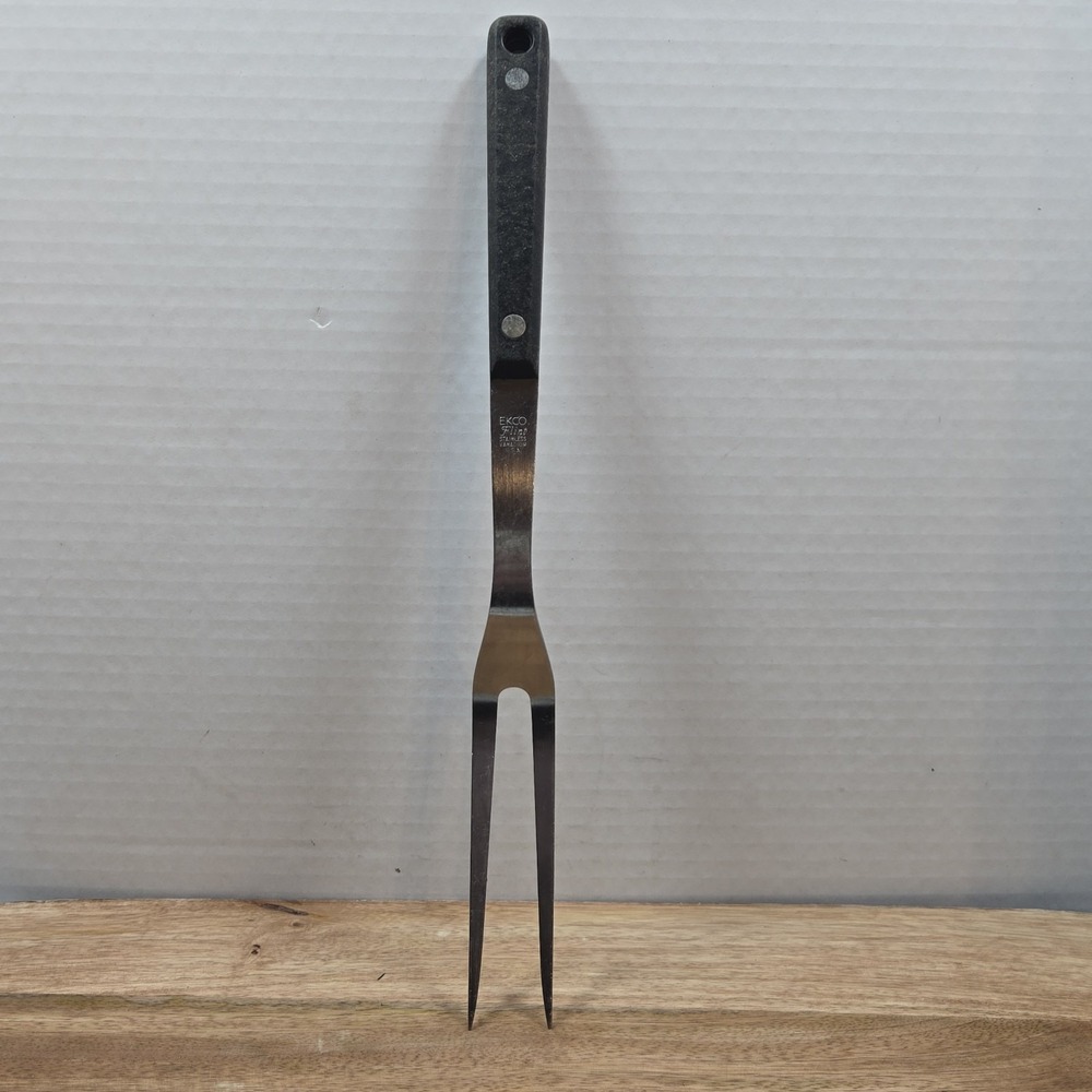 Vintage EKCO Eterna Stainless Vanadium Meat Carving Fork USA Black Rivet Handle